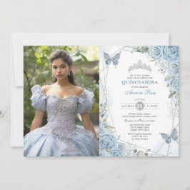 Convites Dusty Blue Silver Quinceañera Butterfly Foto