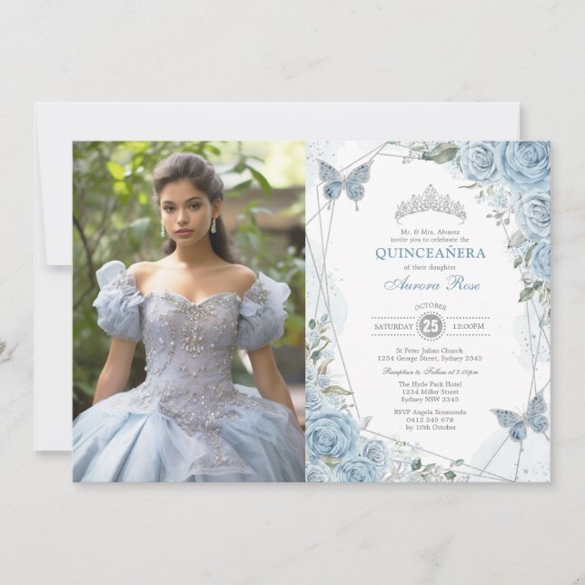 Convites Dusty Blue Silver Quinceañera Butterfly Foto (Frente)