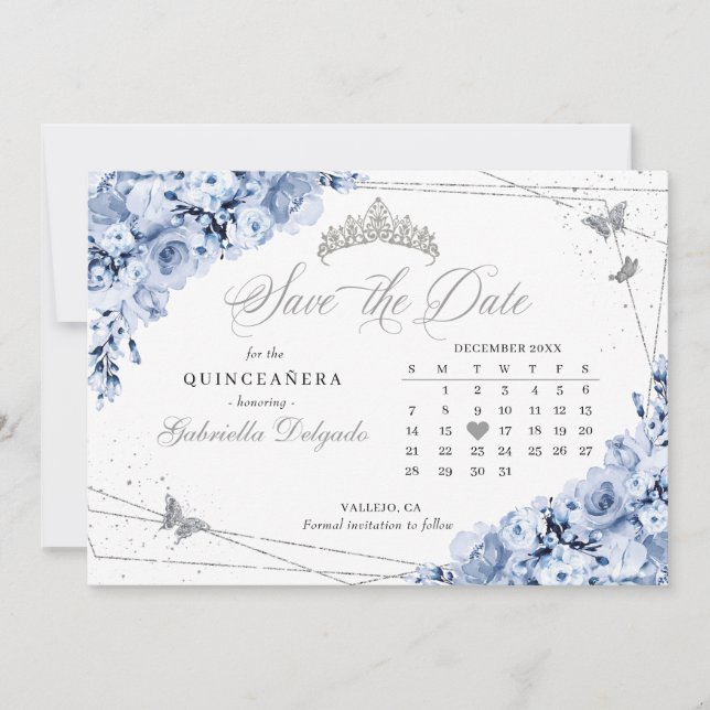 Convites Dusty Blue & Silver Quinceañera Salve A Data (Frente)
