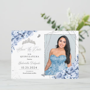 Convites Dusty Blue Silver Quinceañera Salve A Foto Da Data