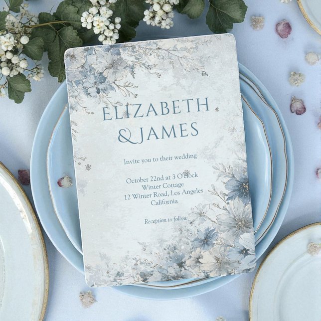 Convites Dusty Blue Silver Rosa Winter Floral Weding (Criador carregado)
