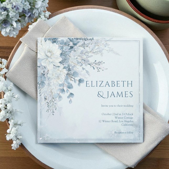 Convites Dusty Blue Silver Rosa Winter Floral Weding (Dusty Blue Silver Rose Winter Floral Wedding Invitation)