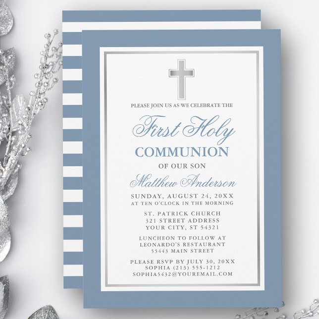 Convites Dusty Blue Silver Strike Primeira Comunhão Sagrada (Customize to change text size, color or text style.)