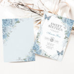 Convites Dusty Blue Silver Sweet 16 Butterfly Aniversário<br><div class="desc">O convite perfeito para o doce 16 da sua filha está finalmente aqui! Este convite apresenta elegantes rosas azuis empoeirados de cor d'água,  borboletas doces e prata geométrica moderna. Clique no botão "personalizar mais" se quiser reorganizar e formatar o estilo e a posição do texto.</div>