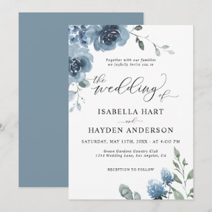 Convites Dusty Blue Slate Floral Watercolor Casamento