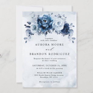 Convites Dusty Blue Slate Marinho Floral Casamento Botânico