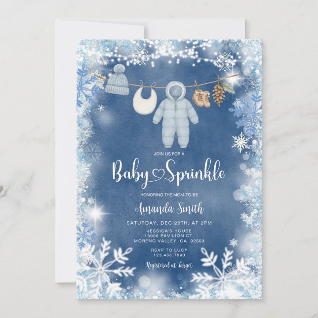 Convites Dusty Blue Snowflake Boy Clothesline Baby Sprinkle (Frente)