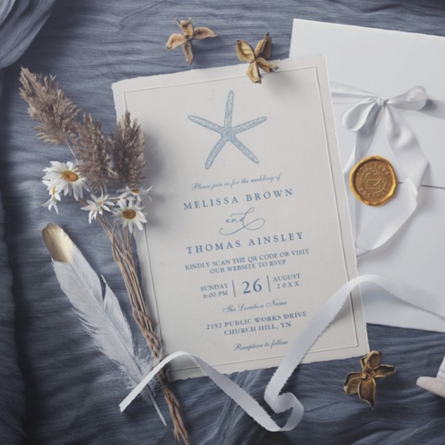 Convites Dusty Blue Starfish Beach Elegant QR Code Wedding (Criador carregado)