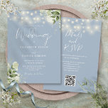 Convites Dusty Blue String Lights Floral Código QR Casament<br><div class="desc">Este elegante convite de casamento azul empoeirado,  com luzes de cordas bonito e verde floral,  pode ser personalizado com suas informações em tipografia quic com os detalhes do seu website de casamento e seu código QR no verso. Projetado por Thisnotme©</div>