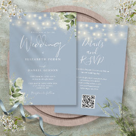 Convites Dusty Blue String Lights Floral Código QR Casament