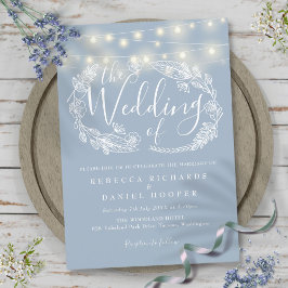 Convites Dusty Blue String Lights Script Weding