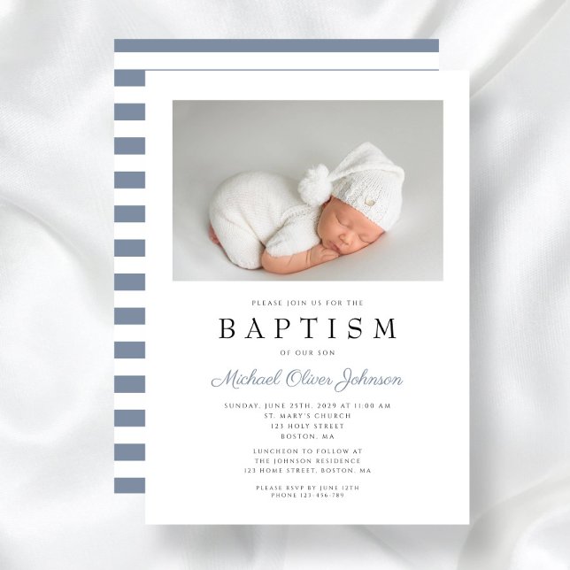Convites Dusty Blue Stripes Elegante Fotografia Boy Baptism (Dusty Blue Stripes Elegant Photo Boy Baptism Invitation)