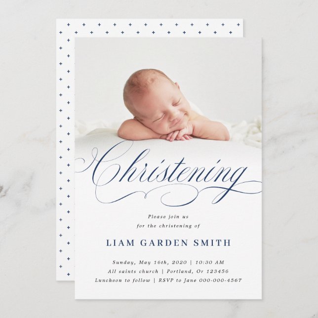 Convites Dusty Blue Subtle Cross Script Christening (Frente/Verso)