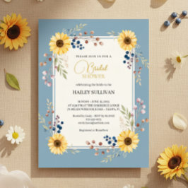 Convites Dusty Blue Sunflower Bridal Shower Gold Frame