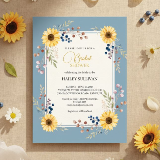 Convites Dusty Blue Sunflower Bridal Shower Gold Frame (Dusty Blue Sunflower Frame)