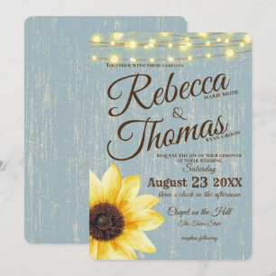 Convites Dusty Blue Sunflower e Luzes Russo Casamento