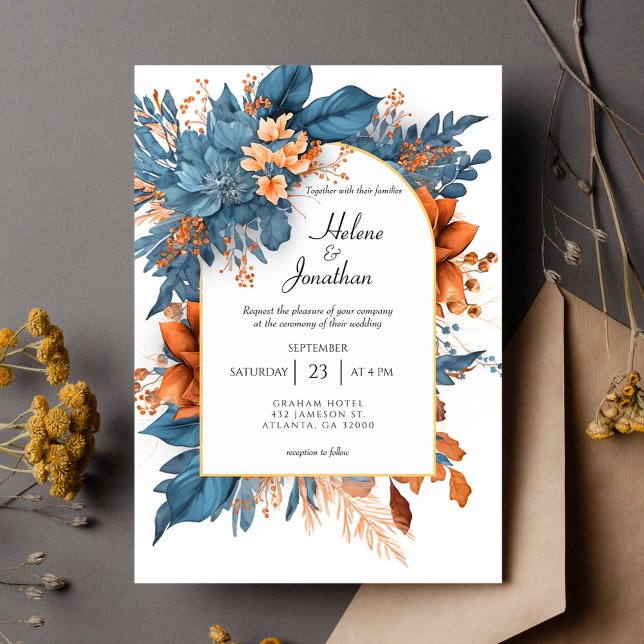 Convites Dusty Blue Terracotta Boho Floral Casamento Elegan (Dusty Blue Terracotta Boho Floral Elegant Wedding Invitation)
