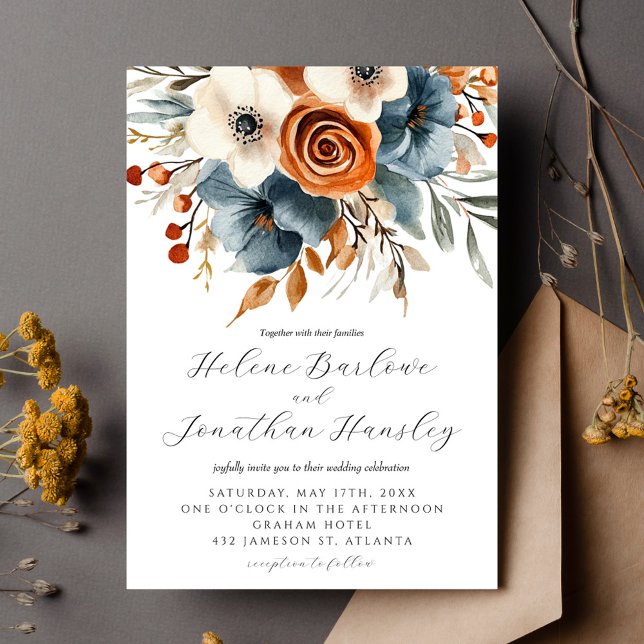 Convites Dusty Blue Terracotta Boho Floral Casamento Elegan (Dusty Blue Terracotta Boho Floral Elegant Wedding Invitation)