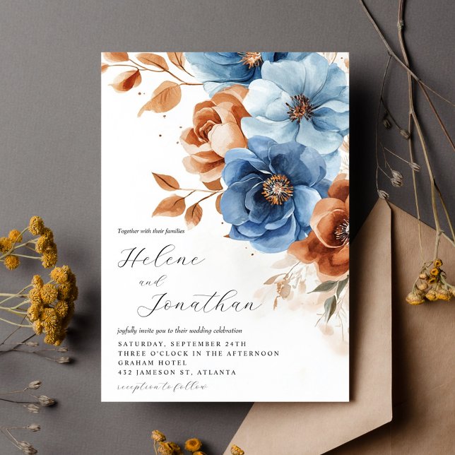 Convites Dusty Blue Terracotta Rust Casamento Floral Elegan (Dusty Blue Terracotta Rust Elegant Floral Wedding Invitation)