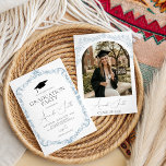 Convites Dusty Blue Toile Frame Graduation Invite<br><div class="desc">Host an elegant celebration with this "Dusty Blue Toile Frame" graduation invitation. Featuring a sophisticated vintage-style floral border in muted blue and a classic black grad cap icon. Its timeless aesthetic and clean typography make it perfect for the Class of 2026. Ideal for graduates wanting a refined, traditional, yet modern...</div>