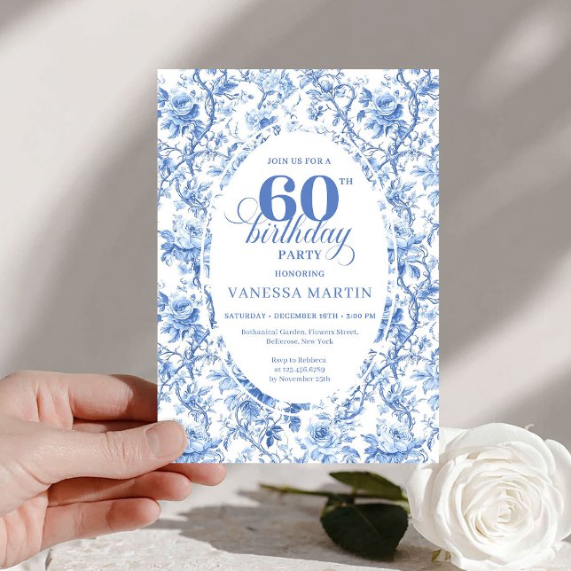 Convites Dusty Blue Toile Roses 60th Birthday Digital  (Dusty Blue Toile Roses 60th Birthday Digital Invite

)