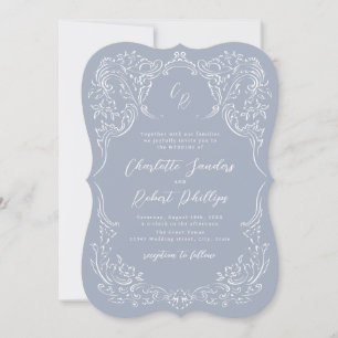 Convites Dusty Blue Vintage Casamento de Monograma Flourish