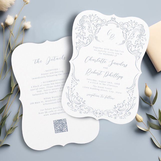Convites Dusty Blue Vintage Casamento de Monograma Flourish (Dusty Blue Vintage Flourish Monogram Wedding Invitation)