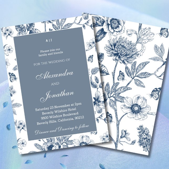 Convites Dusty Blue Vintage Casamento Floral Francês (Criador carregado)