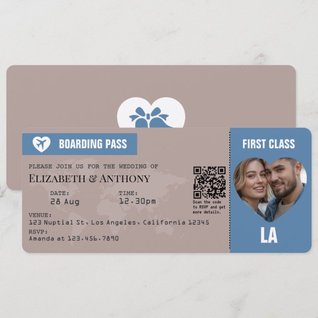 Convites Dusty Blue & Warm Taupe Boarding Pass Wedding (Frente/Verso)