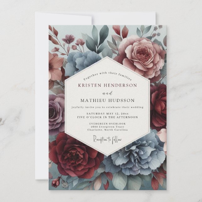 Convites Dusty Blue Watercolor Bloom Wedding (Frente)