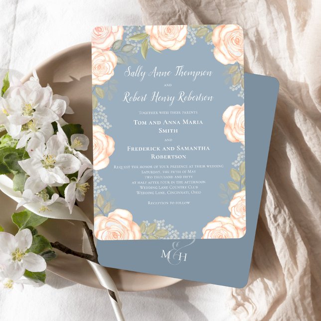 Convites Dusty Blue Watercolor Casamento Floral (Dusty blue wedding invitations with watercolor blush pink floral.)