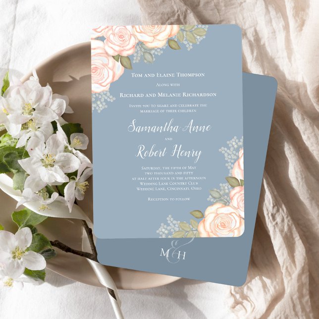 Convites Dusty Blue Watercolor Casamento Floral (Elegant blush pink floral dusty blue wedding invitation.)