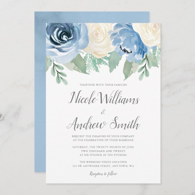 Convites Dusty Blue Watercolor Casamento Floral (Frente/Verso)