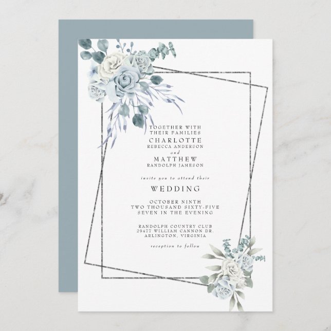 Convites Dusty Blue Watercolor Casamento Geométrico (Frente/Verso)