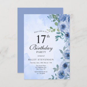 Convites Dusty Blue Watercolor Floral Chic 17º Aniversário