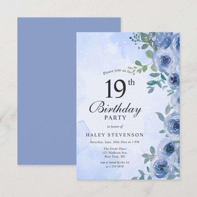 Convites Dusty Blue Watercolor Floral Chic 19º Aniversário (Frente/Verso)