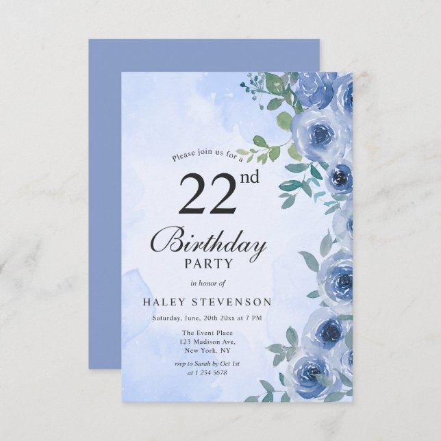 Convites Dusty Blue Watercolor Floral Chic 22º Aniversário (Frente/Verso)