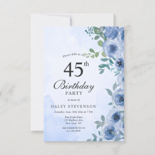 Convites Dusty Blue Watercolor Floral Chic 45º Aniversário