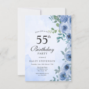 Convites Dusty Blue Watercolor Floral Chic 55.º Aniversário