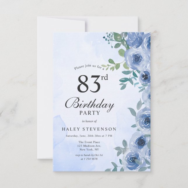 Convites Dusty Blue Watercolor Floral Chic 83º Aniversário (Frente)