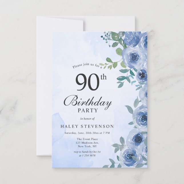 Convites Dusty Blue Watercolor Floral Chic 90 Birthday (Frente)