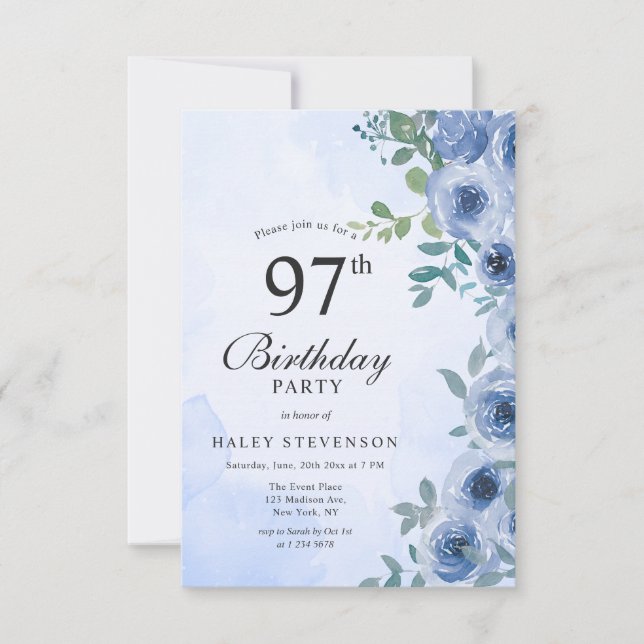 Convites Dusty Blue Watercolor Floral Chic 97th Birthday (Frente)