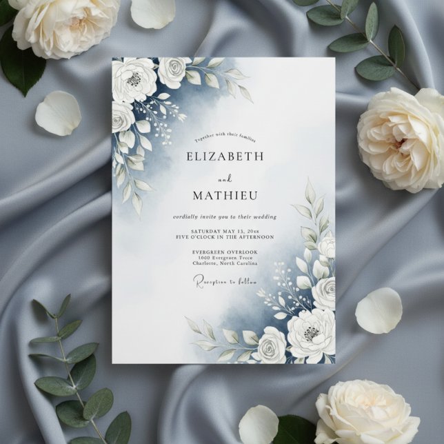 Convites Dusty Blue Watercolor Floral Wedding (Criador carregado)