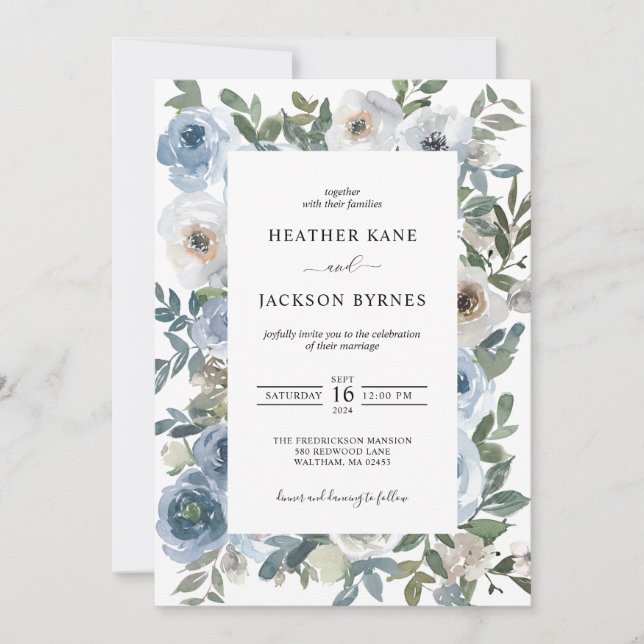 Convites Dusty Blue Watercolor Florals Casamento  (Frente)