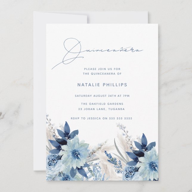 Convites Dusty Blue Watercolor Florals Quinceañera (Frente)