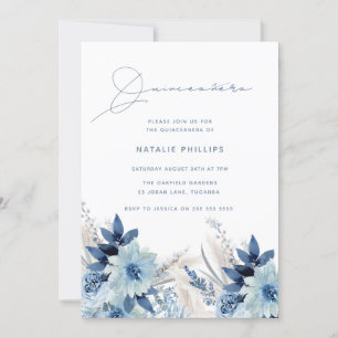 Convites Dusty Blue Watercolor Florals Quinceañera