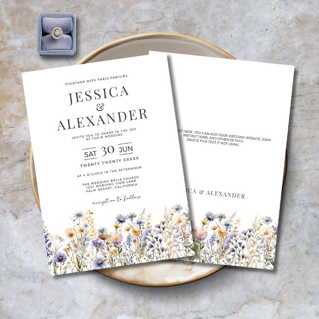 Convites Dusty Blue Watercolor Flores Selvagens Casamento L (Dusty Blue Watercolor Wildflowers Elegant Wedding Invitation with Optional Text on Back for RSVP etc)