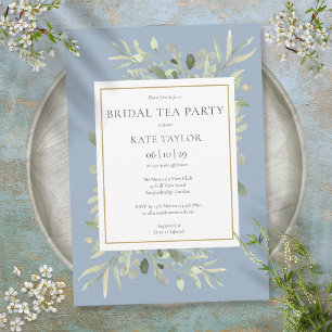 Convites Dusty Blue Watercolor Greenery Bridal Tea Party
