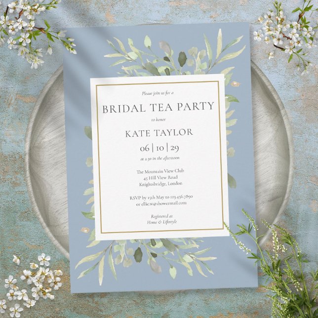 Convites Dusty Blue Watercolor Greenery Bridal Tea Party (Criador carregado)