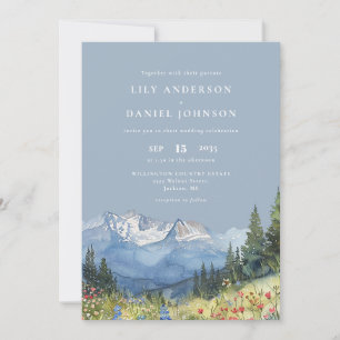 Convites Dusty Blue Watercolor Mountain Code Casamento